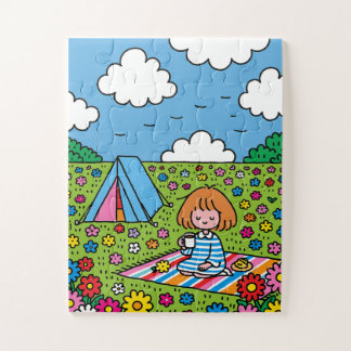 Puzzle Fille faisant du camping dans un vaste champ de fl