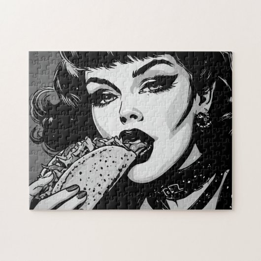 Puzzle Fille gothique de style graphique BW 50s mangeant  (Horizontal)