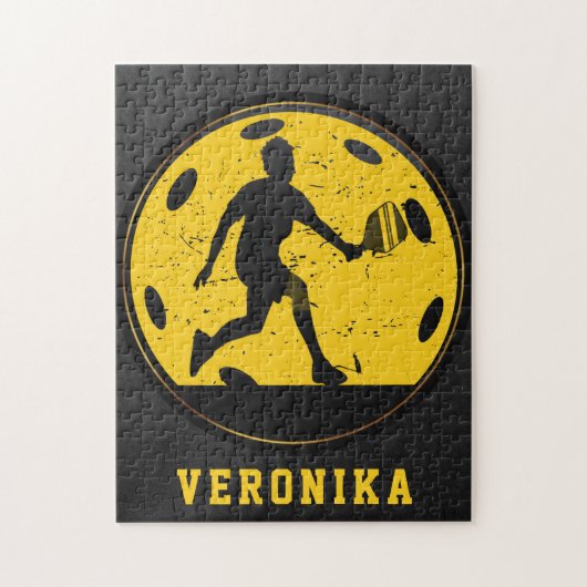 Puzzle Fille Joueuse de Pickleball Racketball Nom Noir (Vertical)