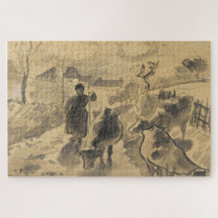 Puzzle Fille menant un troupeau de vaches le long d'une r