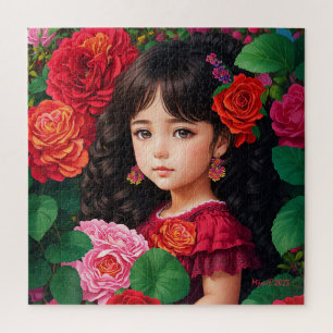 Puzzle Fille Mignonne Aux Fleurs Roses Roses Rouges