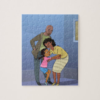 Puzzle Fille noire avec maman et papa Caricature Jigsaw P