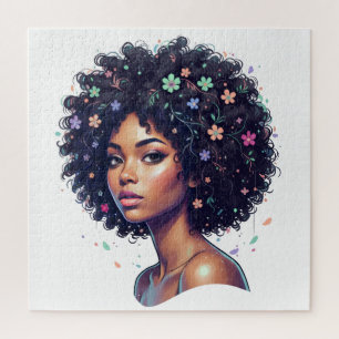 Puzzle Fille noire fantaisiste avec afro orné de fleurs