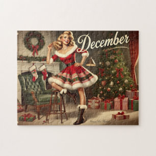 Puzzle Fille pin-up blonde rétro de Noël de décembre