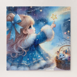Puzzle Fille rêveuse contemplant les étoiles à l'aquarell