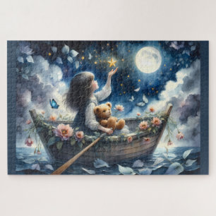 Puzzle Fille rêveuse en barque Scène de fantaisie au clai