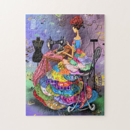 Puzzle Fille Seamstress avec robe colorée - Dessin d'art (Vertical)