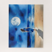 Puzzle Fille sur la plage sous une Pleine lune (Vertical)
