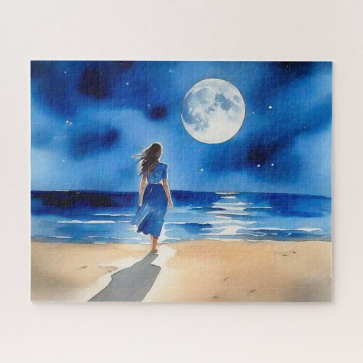 Puzzle Fille sur la plage sous une Pleine lune (Horizontal)