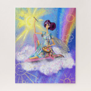 Puzzle Fille sur nuage peinture soleil et arc-en-ciel - F