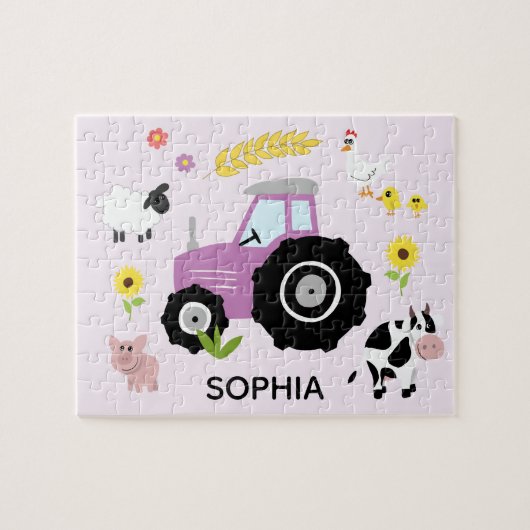 Puzzle Filles mignonne pourpre tracteur de ferme et nom E (Horizontal)