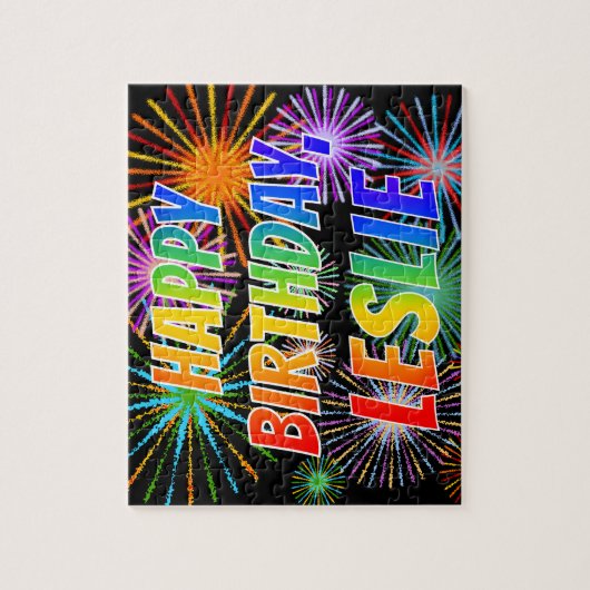 Puzzle First Name "LESLIE", Fun "HAPPY BIRTHDAY" (Vertical)