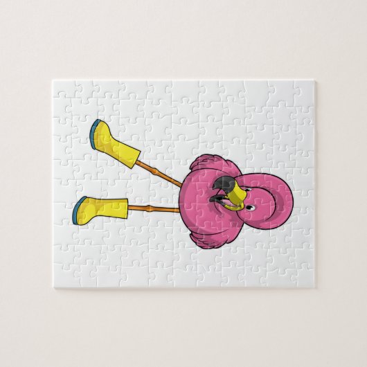 Puzzle Flamant rose à la pluie avec bottes en caoutchouc (Horizontal)