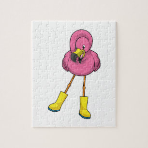 Puzzle Flamant rose à la pluie avec bottes en caoutchouc
