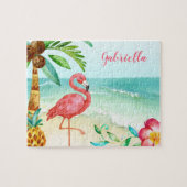 Puzzle Flamant rose de plage tropical Enfants personnalis (Horizontal)