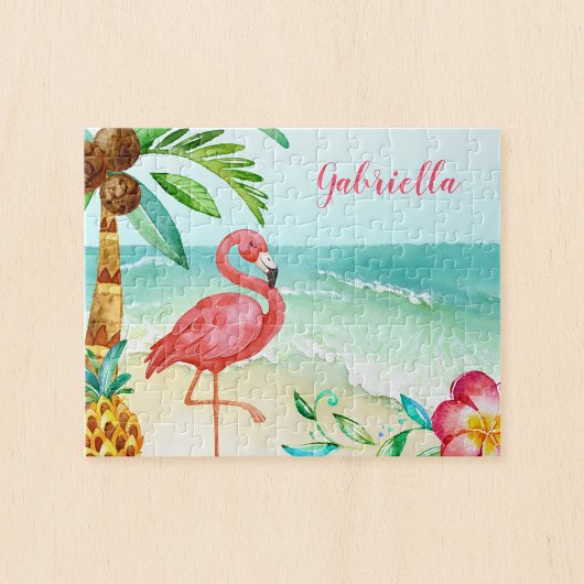 Puzzle Flamant rose de plage tropical Enfants personnalis