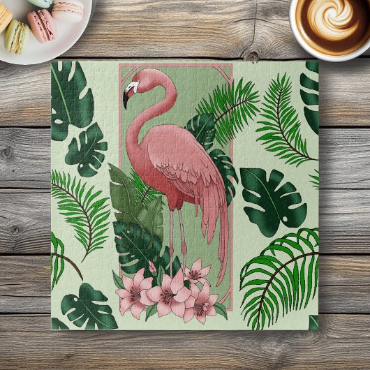 Puzzle Flamant Rose Tropical Feuilles de Palmier Vert Lys