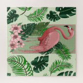Puzzle Flamant Rose Tropical Feuilles de Palmier Vert Lys (Horizontal)