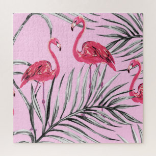 Puzzle Flamants roses, aquarelle tropicale vintage motif.