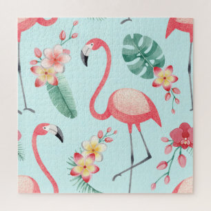 Puzzle Flamants roses Fleurs tropicales Motif aquarelle