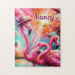 Puzzle Flamants roses roses tropicaux Palmiers Personnali