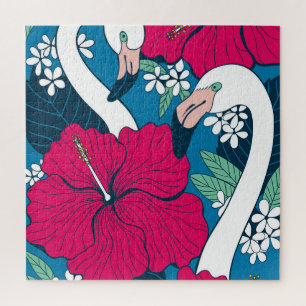 Puzzle Flamants roses tropicaux : Hibiscus Plumeria Arriè