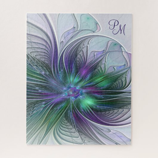 Puzzle Fleur Abstraite Moderne Monogramme Vert Violet (Vertical)