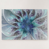 Puzzle Fleur fractale moderne abstraite avec du bleu (Horizontal)