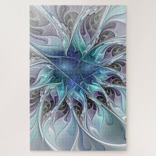 Puzzle Fleur fractale moderne abstraite avec du bleu (Vertical)