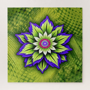 Puzzle Fleur stylisée sur motif vert tourbillonnant