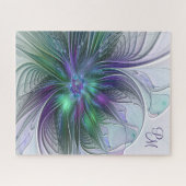 Puzzle Fleur vert violet Moderne Art Abstrait Monogramme (Horizontal)