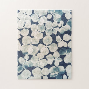 Puzzle fleuri - cyanotype - fleurs d'hortensia