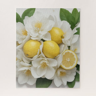 Puzzle Fleurs blanches, citrons et feuilles vertes sur fo
