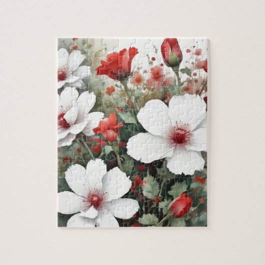 Puzzle Fleurs blanches et rouges Elégante aquarelle (Vertical)
