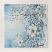 Puzzle Fleurs bleues et blanches en neige hivernale (Vertical)