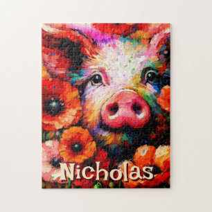 Puzzle Fleurs de cochon rouge impressionniste Personnalis