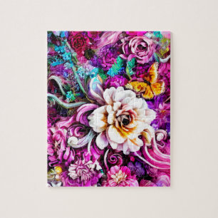 Puzzle Fleurs de jardin rose violet bleu sarcelle blanc F