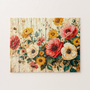 Puzzle Fleurs de jardin rouges et jaunes sur bois
