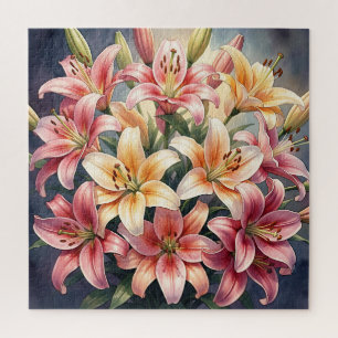 Puzzle Fleurs de lys aquarelles rose orange blanc vibrant