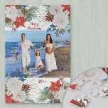 Puzzle Fleurs de Noël Photo personnalisée<br><div class="desc">Créez votre propre puzzle avec l'une de vos photos préférées. Votre photo est encadrée de fleurs d'hiver et de feuillage, y compris des poinsettia, des roses blanches, des baies et des cônes de pin. Le texte est écrit en rouge, la typographie de script de brosse et est entièrement modifiable. On...</div>
