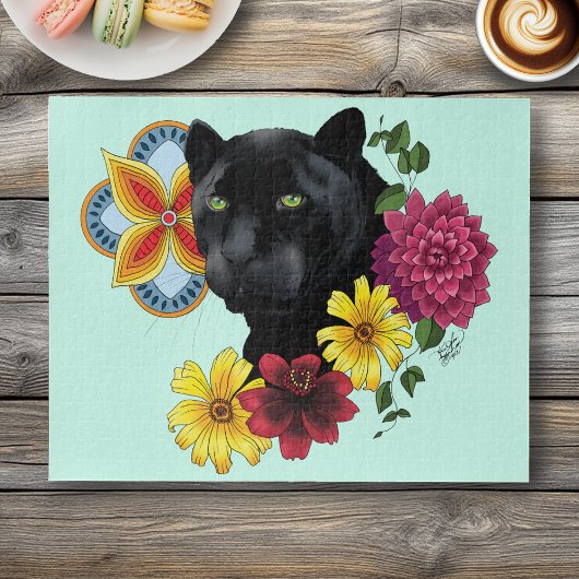 Puzzle Fleurs de Portrait Jaguar Noir