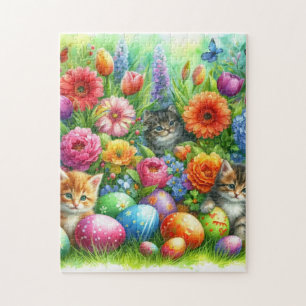 Puzzle Fleurs de printemps, œufs de Pâques et chatons dan