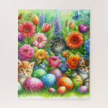 Fleurs de printemps, œufs de Pâques et chatons dan
