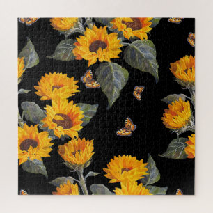 Puzzle Fleurs de soleil et papillons : Aquarelle Noir Bac