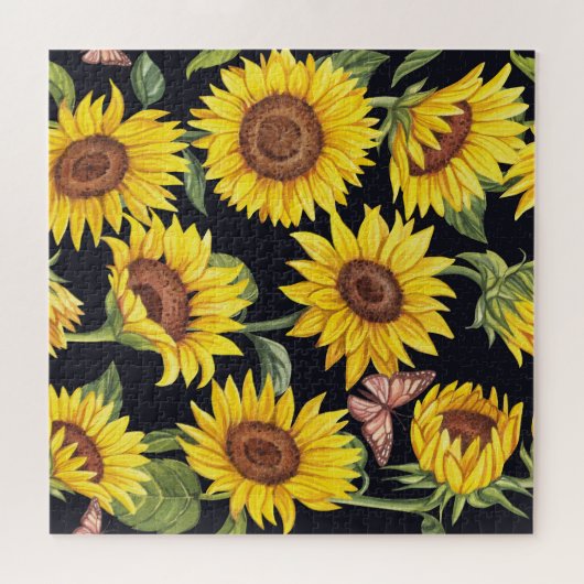 Puzzle Fleurs de soleil, papillons, aquarelle noir (Horizontal)