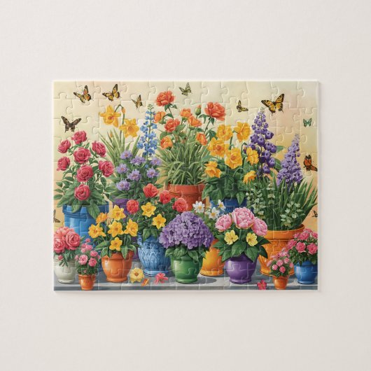 Puzzle Fleurs en pot vibrantes et papillons (Horizontal)