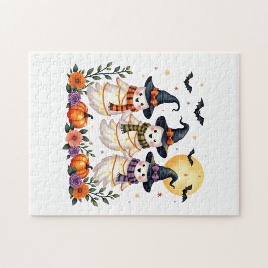Puzzle Fleurs Fantômes mignons Chats Citrouille Halloween (Horizontal)
