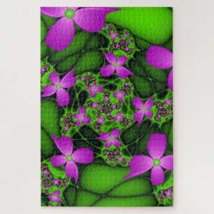 Puzzle Fleurs fractales abstraites modernes rose vert néo