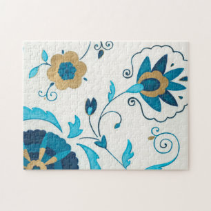 Puzzle Fleurs Indigo dorées avec Arrière - plan blanc