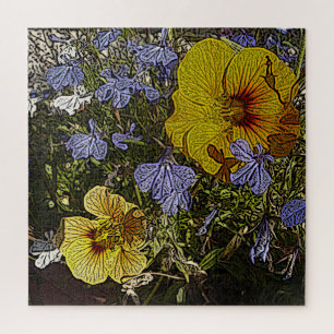 Puzzle fleurs jaunes bleues et blanches de style abstrait